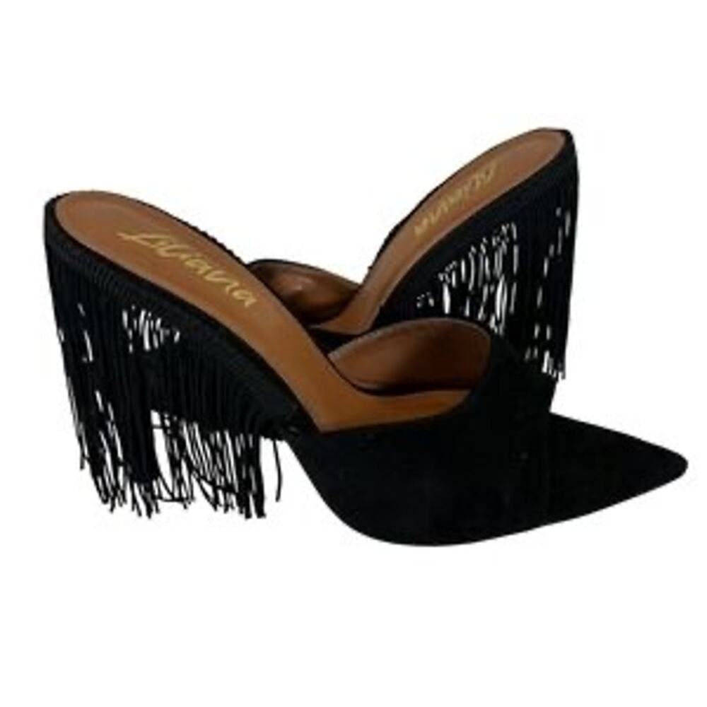 Liliana Black Fringe Heel Pointed Toe Mules Pumps Size 8.5